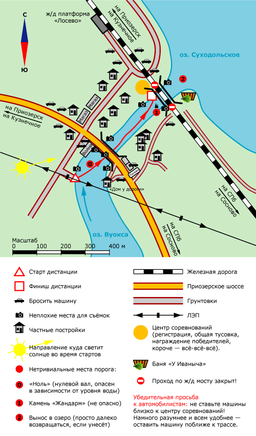 Схема Лосевского порога и дистанции сплава
